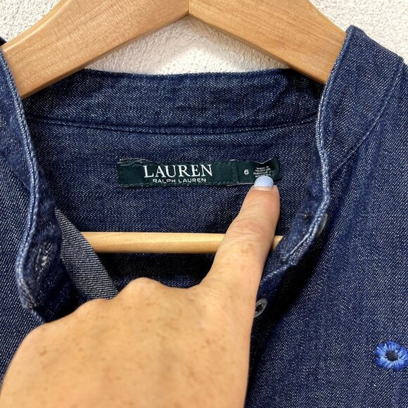 Lauren Ralph Lauren Blue Denim Floral Embroidered Shift Dress sz 6 - Picture 2 of 4